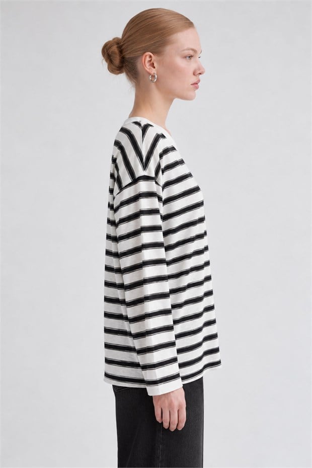 Bisiklet Yaka Oversize Sweatshirt Siyah - Beyaz