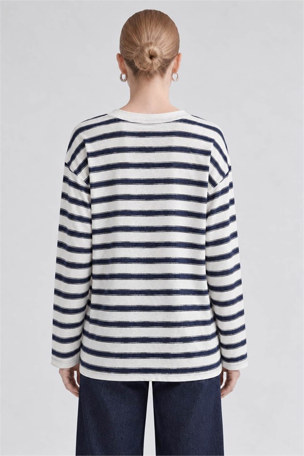 Bisiklet Yaka Oversize Sweatshirt Mavi-Beyaz