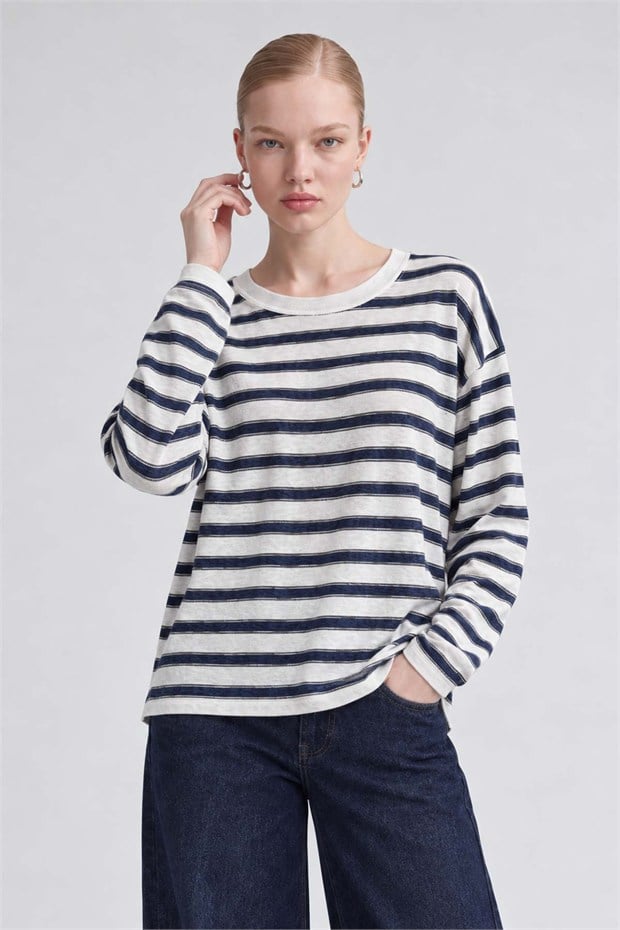 Bisiklet Yaka Oversize Sweatshirt Mavi-Beyaz