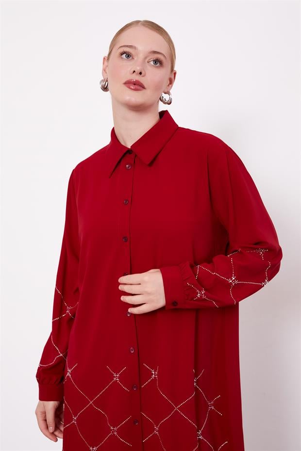 Bordo Baklava Desen Taş Baskılı Tunik