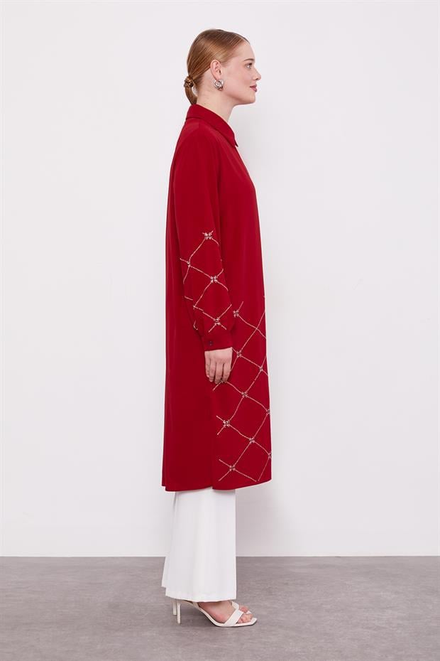 Bordo Baklava Desen Taş Baskılı Tunik