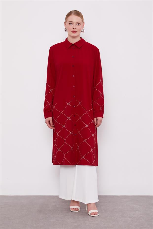 Bordo Baklava Desen Taş Baskılı Tunik