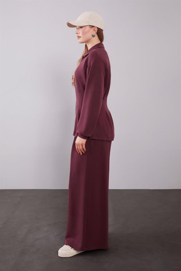 Bordo Belden Oturmalı Pile Detaylı İkili Takım