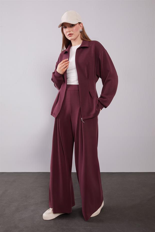 Bordo Belden Oturmalı Pile Detaylı İkili Takım