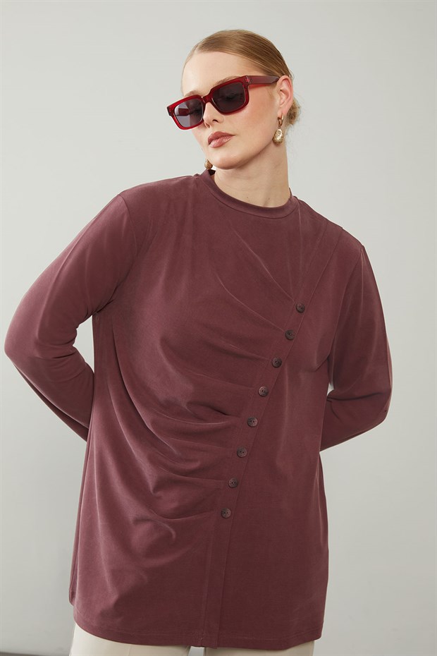 Bordo Büzgü Detaylı Sweat