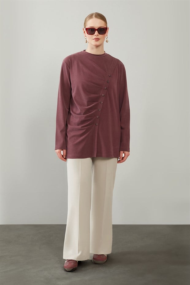 Bordo Büzgü Detaylı Sweat
