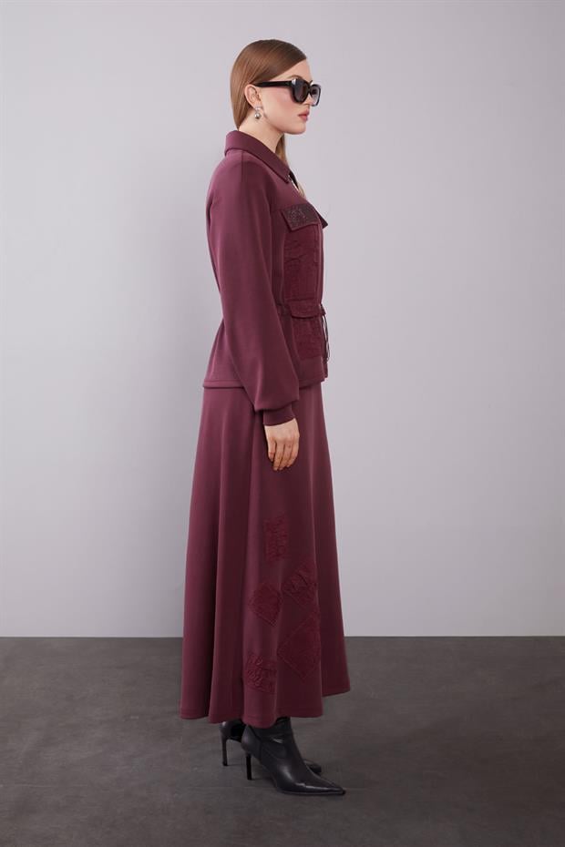 Bordo Büzgü Yama Detaylı Etek Takım