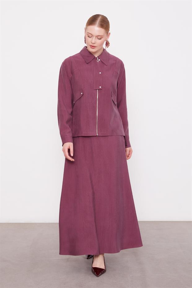 Bordo Cep Detaylı Fermuarlı Etek Takım