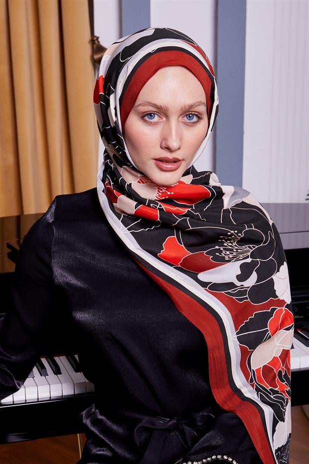 Bordo Çiçek Desen Royal Şal