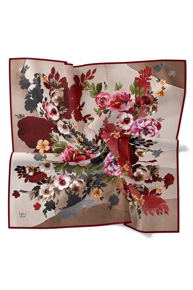 Bordo Çiçek Desen Twill İpek Eşarp