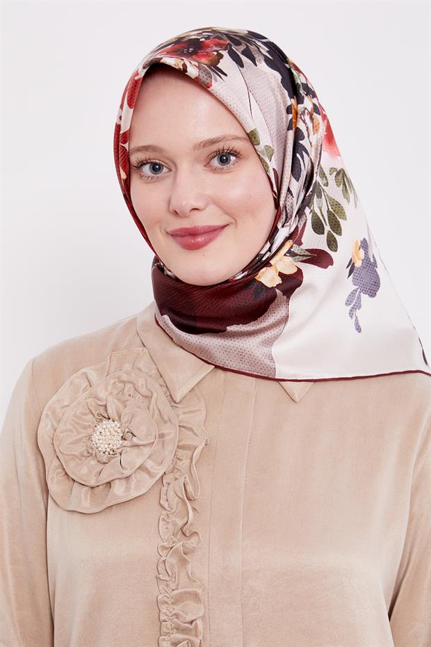 Bordo Çiçek Desen Twill İpek Eşarp
