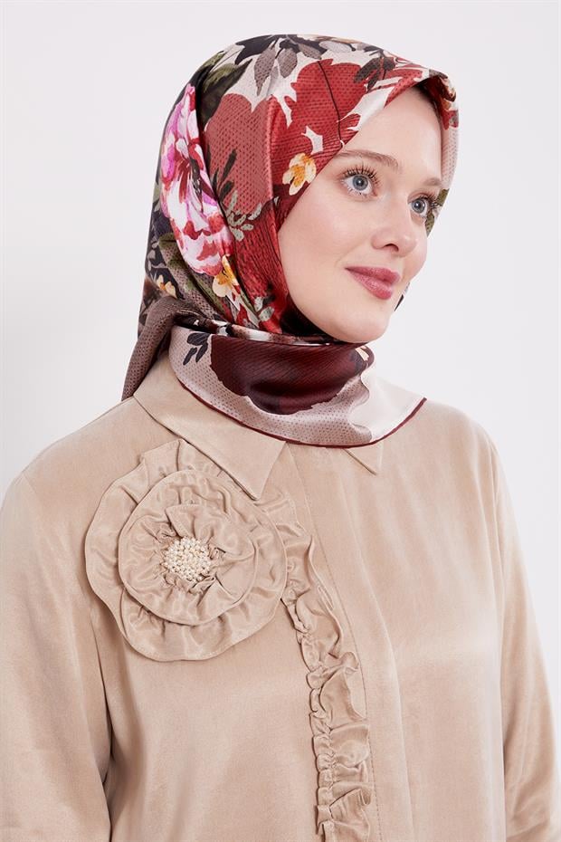 Bordo Çiçek Desen Twill İpek Eşarp