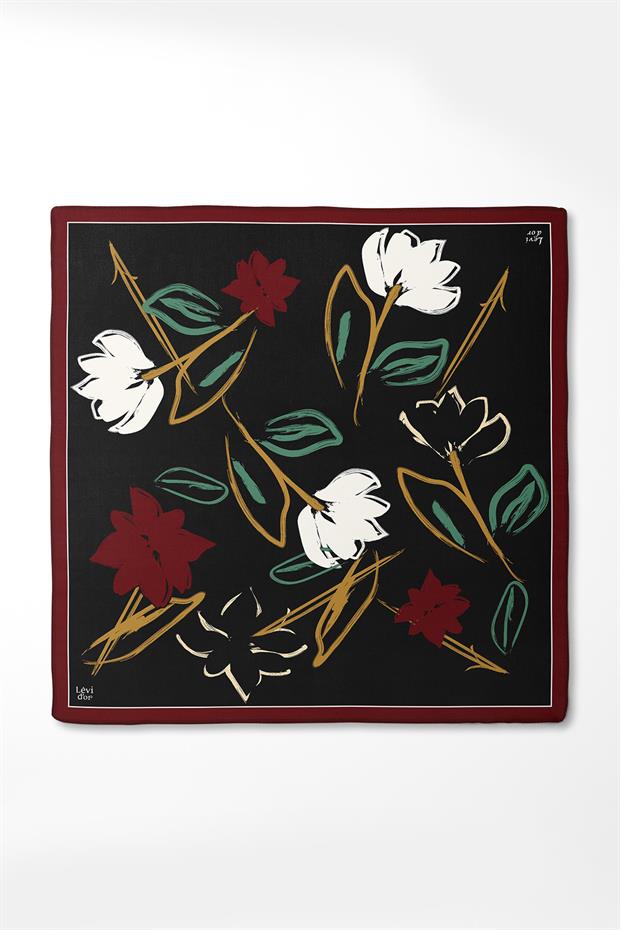 Bordo Çiçek Desen Twill İpek Eşarp