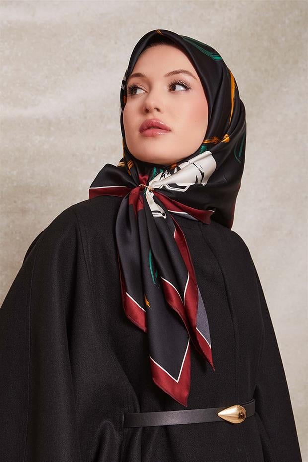 Bordo Çiçek Desen Twill İpek Eşarp