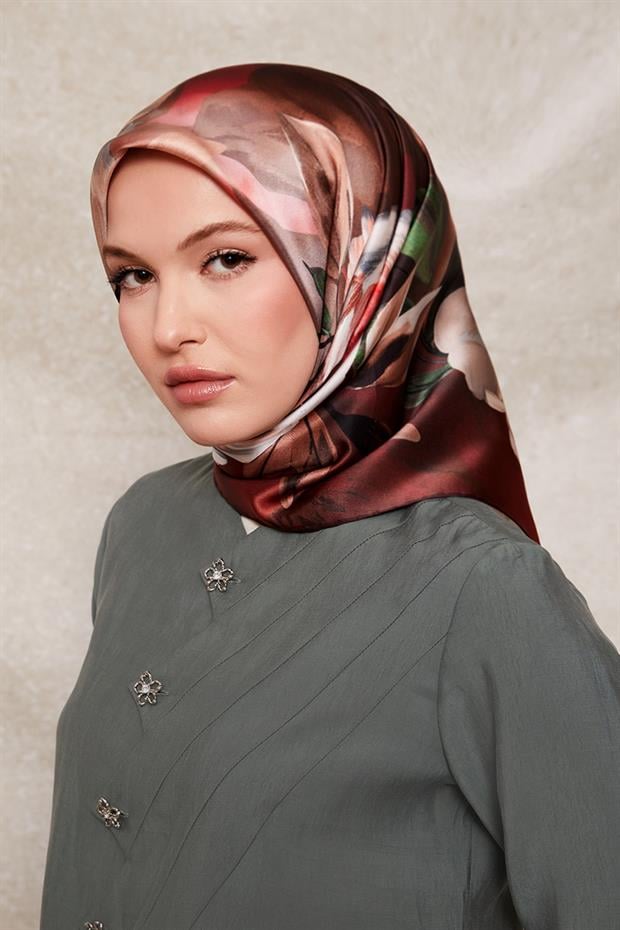 Bordo Çiçek Desenli Twill İpek Eşarp