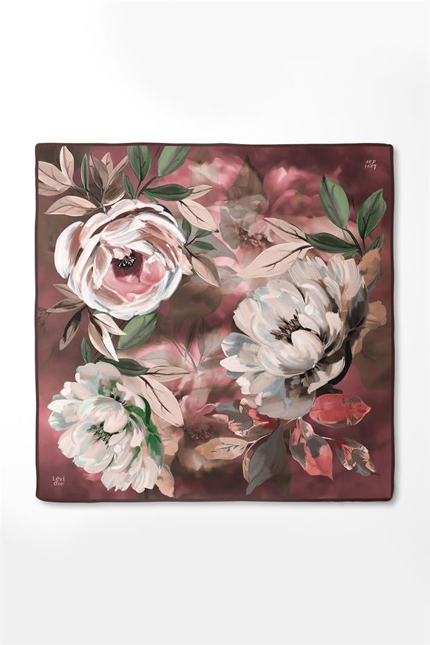 Bordo Çiçek Desenli Twill İpek Eşarp