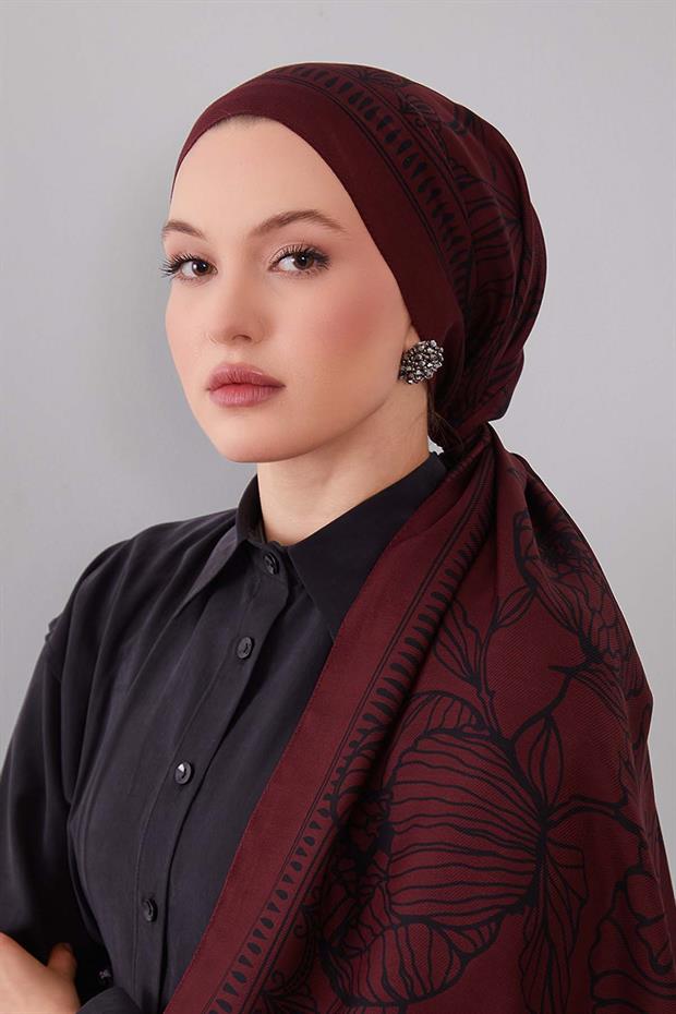 Bordo Çiçek Desenli Yün İpek Şal