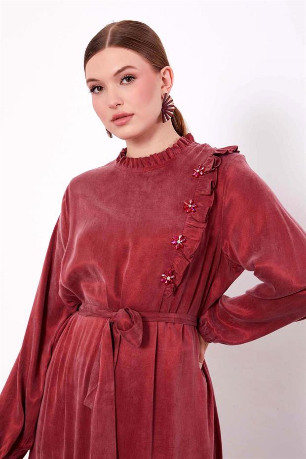 Bordo Çiçek Taş Detaylı Cupra Elbise