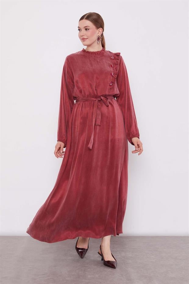 Bordo Çiçek Taş Detaylı Cupra Elbise