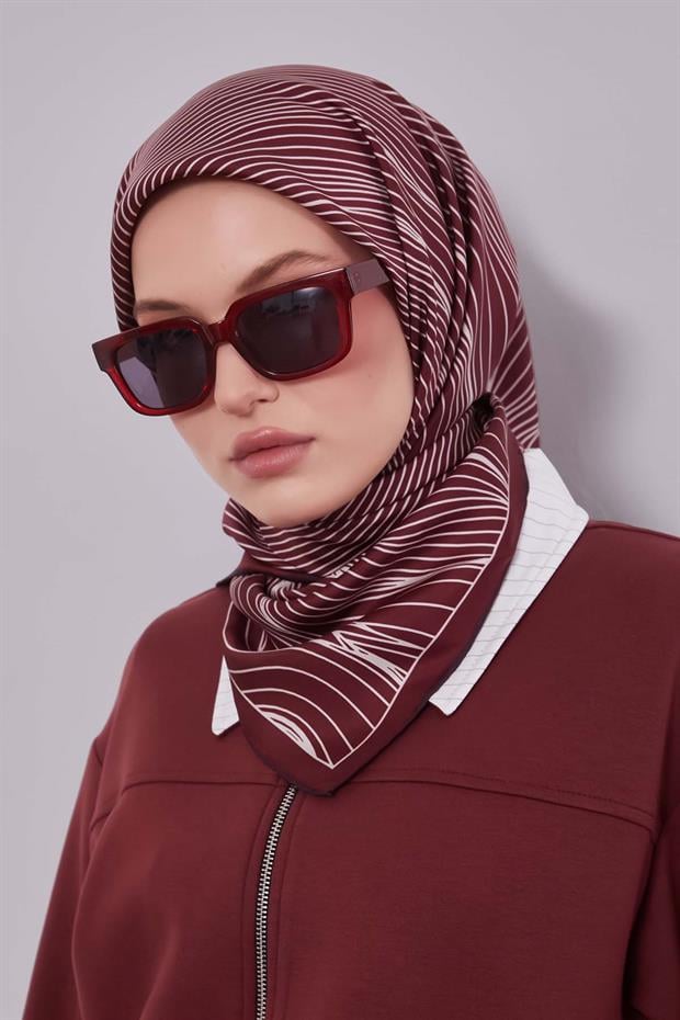 Bordo Çizgili Model Twill İpek Eşarp