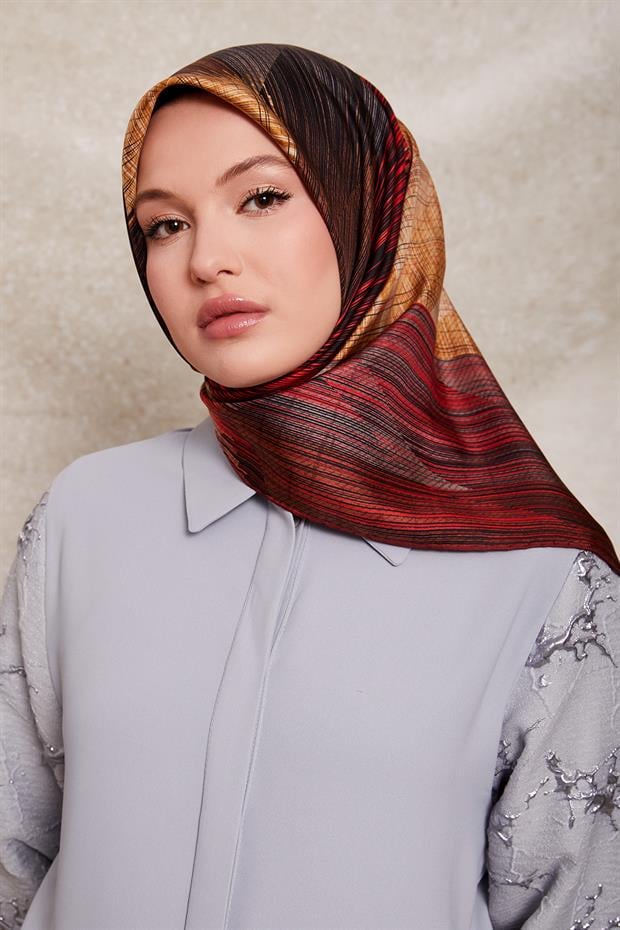 Bordo Çizgi Desen Twill İpek Eşarp