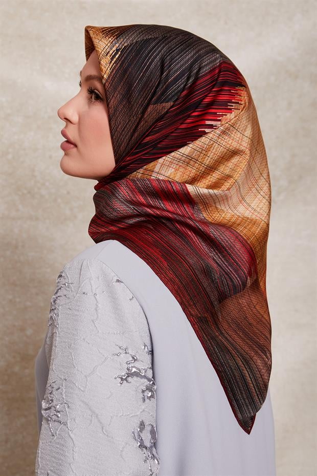 Bordo Çizgi Desen Twill İpek Eşarp