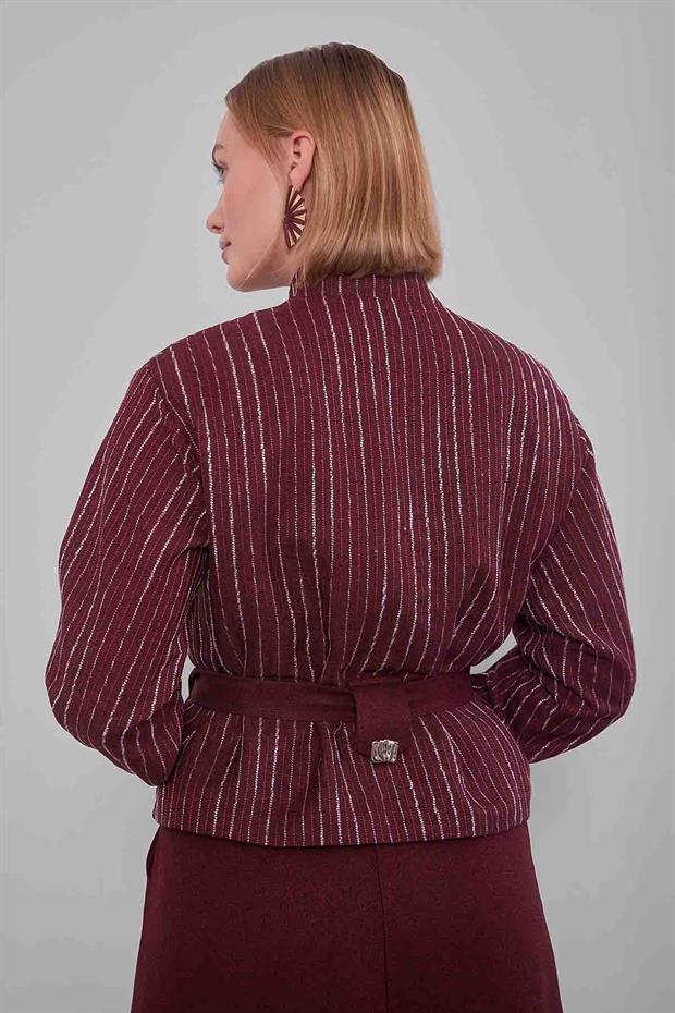Bordo Çizgili Desen Kuşaklı Etek Takım