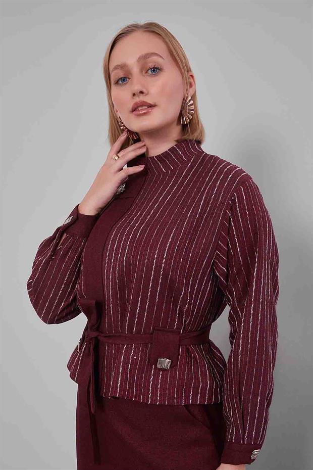 Bordo Çizgili Desen Kuşaklı Etek Takım