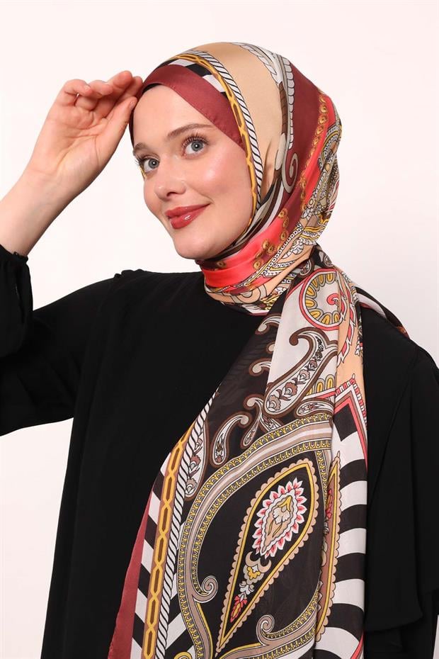 Bordo Çizgili Hint İpeği Şal