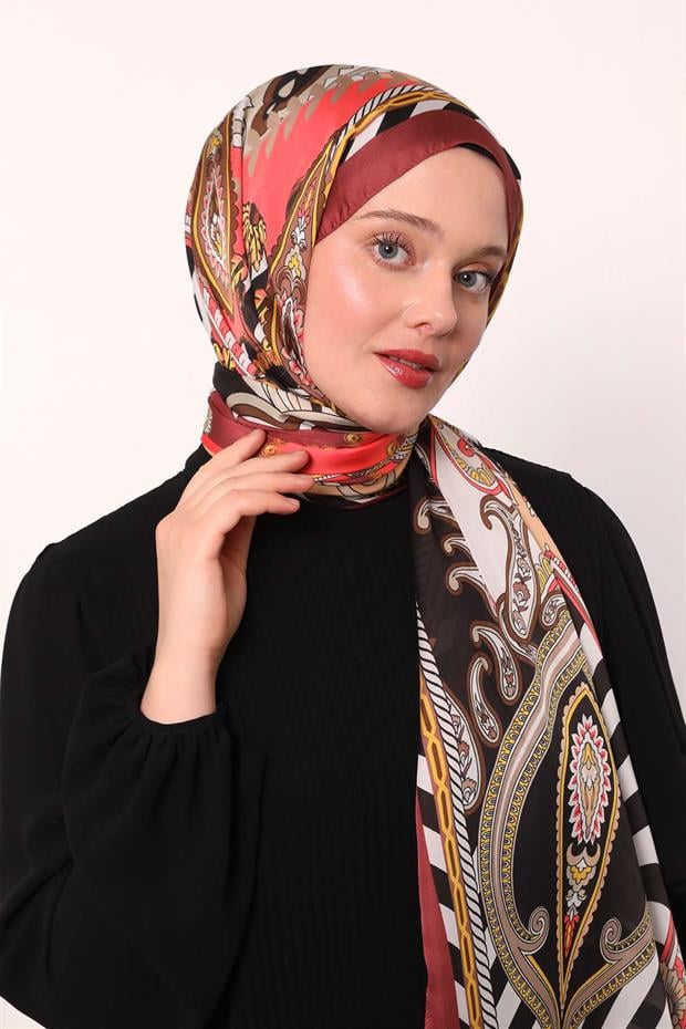 Bordo Çizgili Hint İpeği Şal