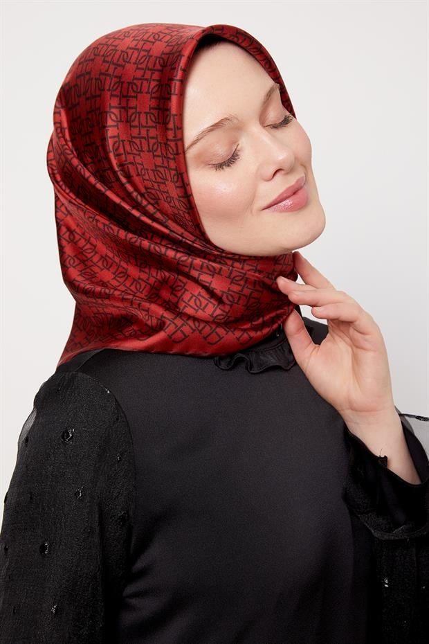 Bordo Çizgili Sarmal Desen Twill İpek Eşarp