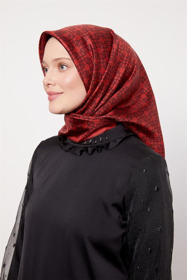 Bordo Çizgili Sarmal Desen Twill İpek Eşarp