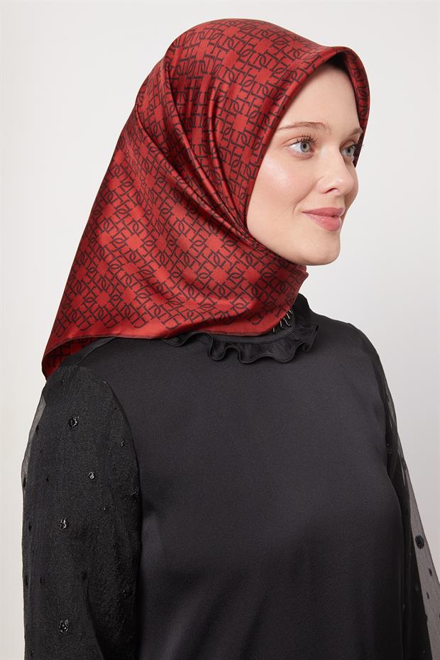 Bordo Çizgili Sarmal Desen Twill İpek Eşarp