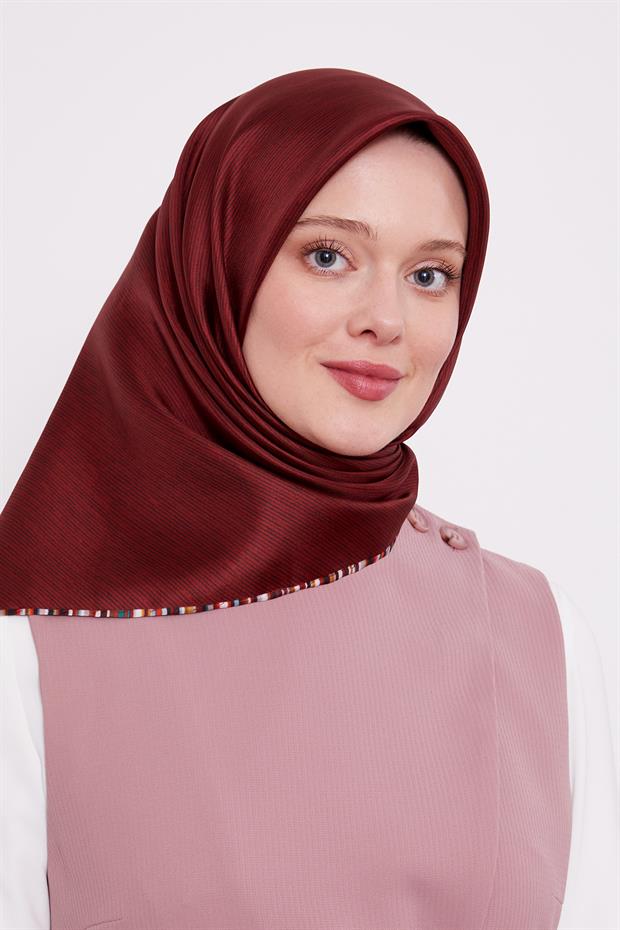 Bordo Çizgili Twill İpek Eşarp