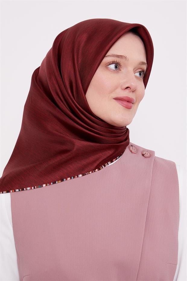 Bordo Çizgili Twill İpek Eşarp