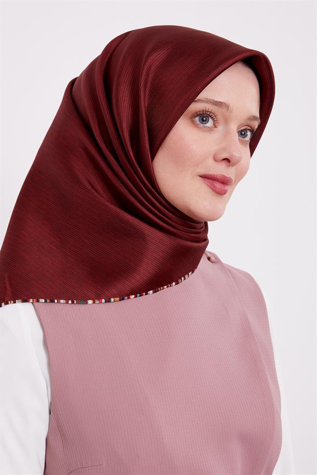Bordo Çizgili Twill İpek Eşarp