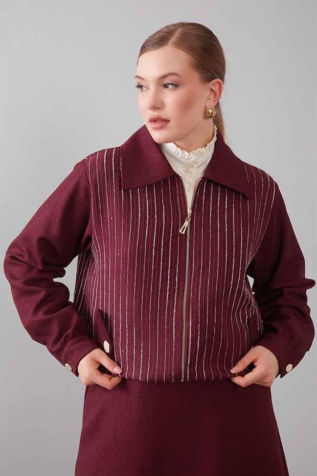 Bordo Dikey Çizgi Detaylı Etek Takım