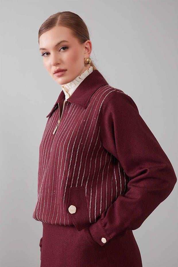 Bordo Dikey Çizgi Detaylı Etek Takım