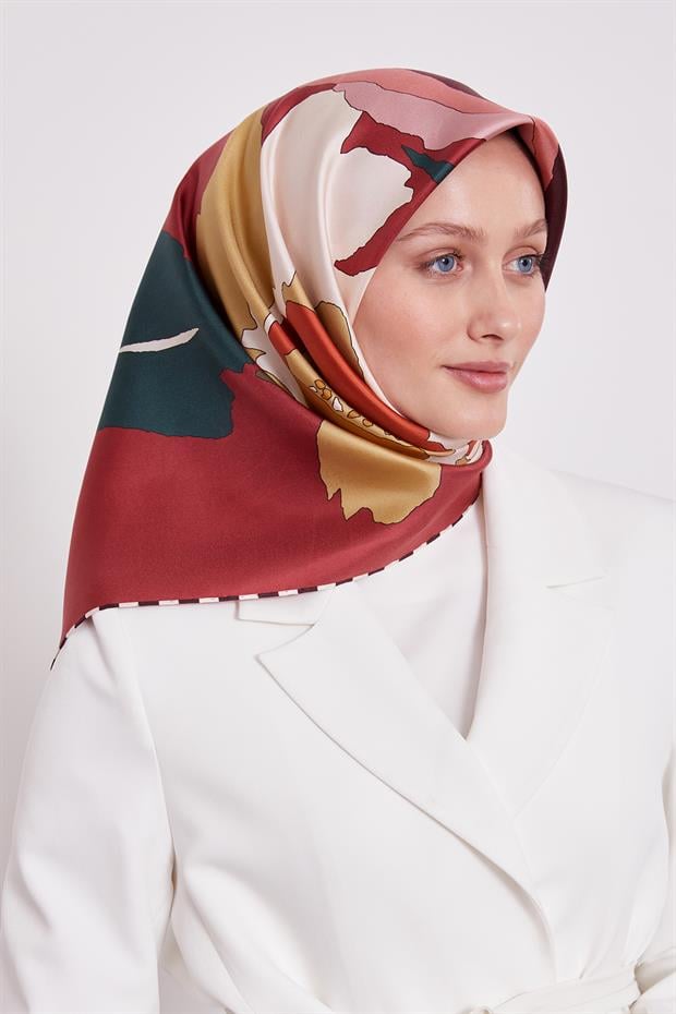 Bordo Çizim Çiçek Desen Twill İpek Eşarp