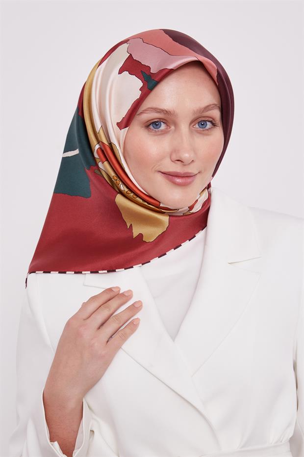 Bordo Çizim Çiçek Desen Twill İpek Eşarp