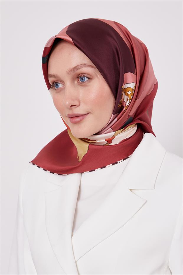 Bordo Çizim Çiçek Desen Twill İpek Eşarp