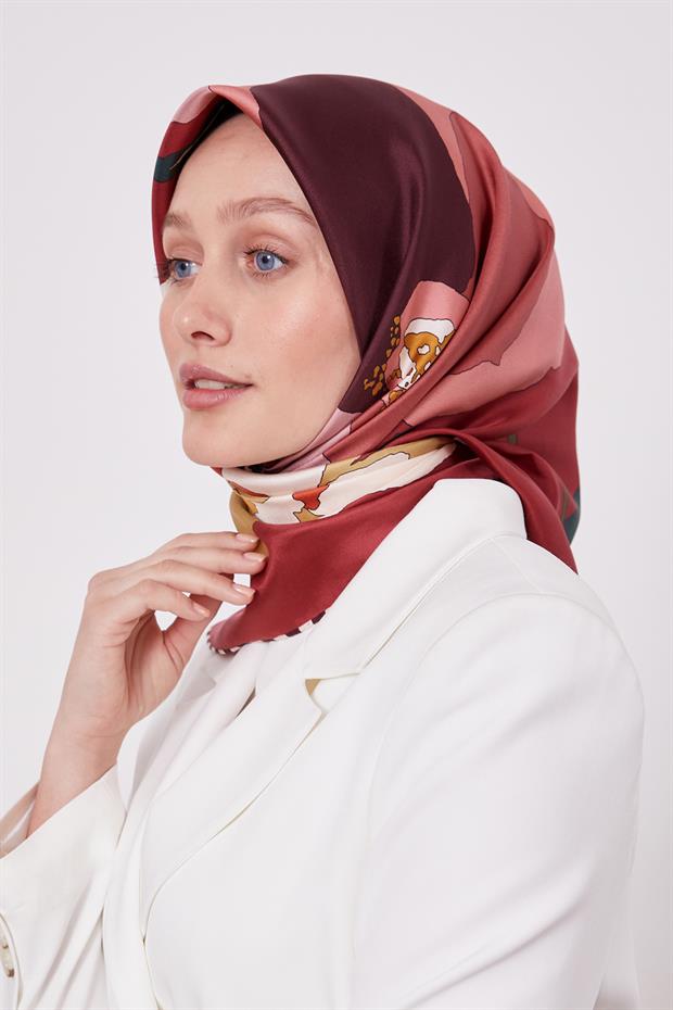 Bordo Çizim Çiçek Desen Twill İpek Eşarp