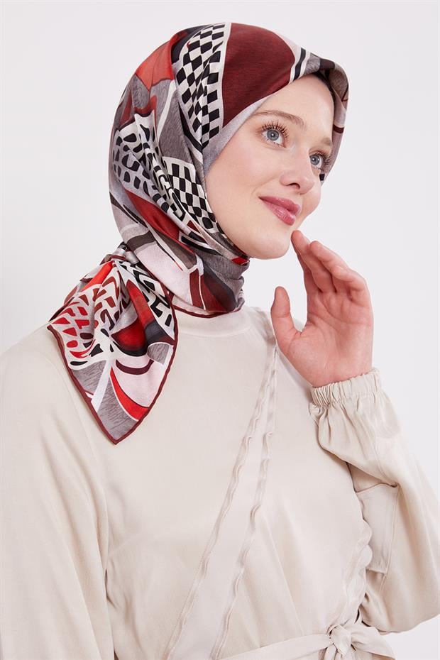 Bordo Dama Desen Twill İpek Eşarp