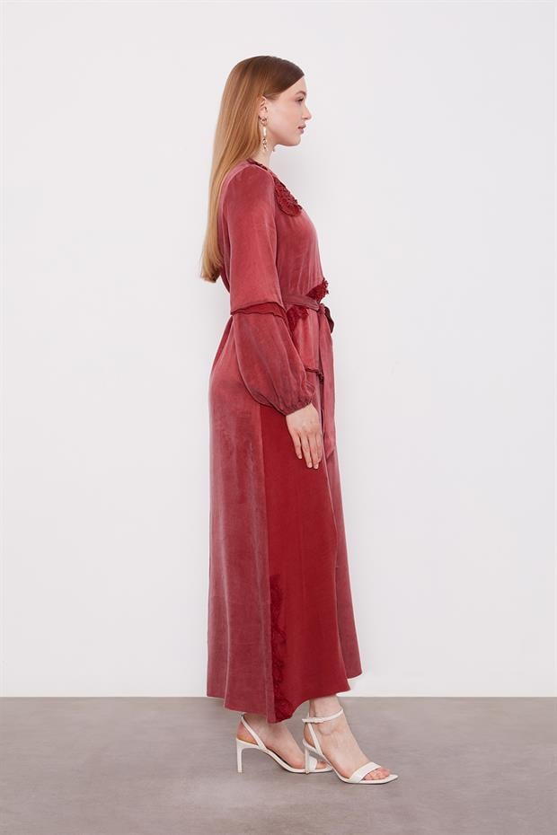 Bordo Dantel Şeritli Cupra Elbise