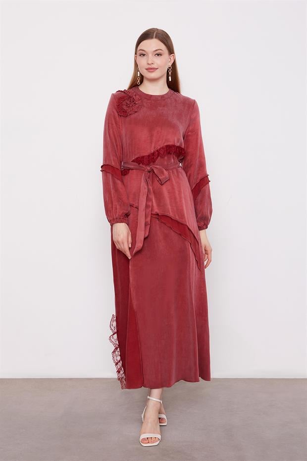 Bordo Dantel Şeritli Cupra Elbise