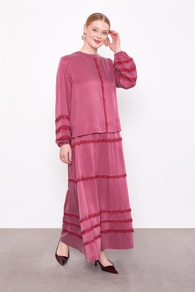 Bordo Dantel Şeritli Cupra Etek Takım