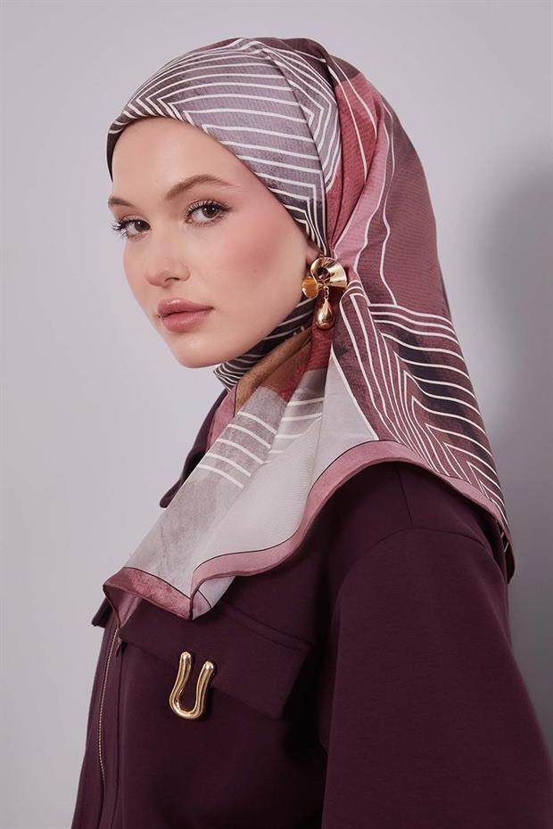 Bordo Desenli Twill İpek Eşarp