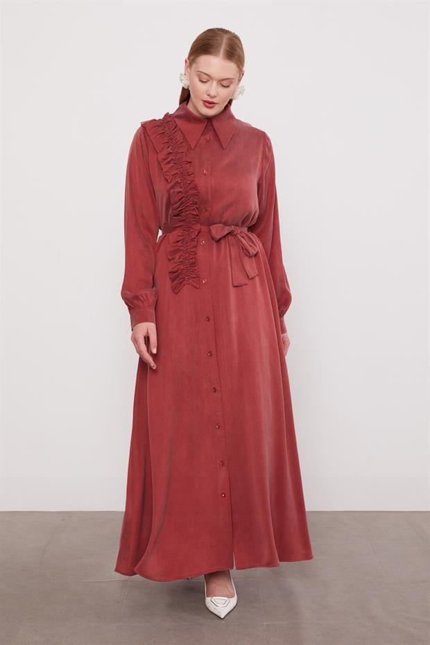 Bordo Düğme Detaylı Cupra Elbise