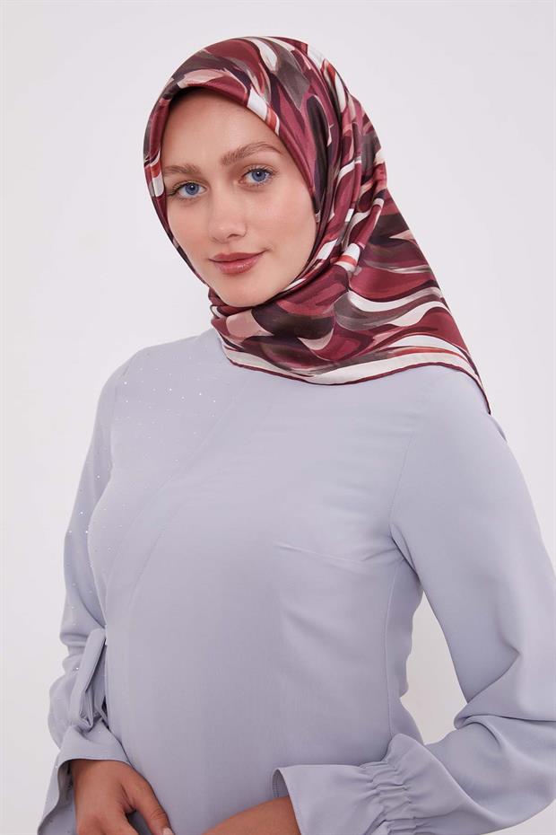 Bordo Ebruli Desen Twill İpek Eşarp
