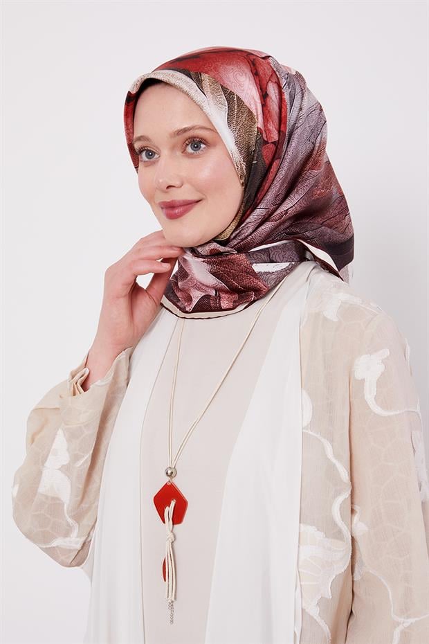 Bordo Soyut Ebruli Desen Twill İpek Eşarp